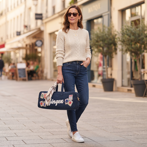 Sac de voyage en denim gingembre avec patchs brodés de cartes à jouer, style vintage, fermeture éclair, pour toutes les saisons - Product Image 2