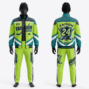 Traje Deportivo de Hockey sobre Hielo para Hombre, 300 GSM, Tricot Cepillado, Paneles Verdes, Amarillos y Grises, Logotipo Personalizado Sublimado y Bordado en Sarga, Elite - Product Image 3