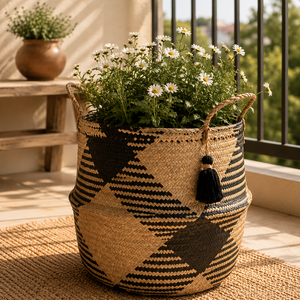 <b>Foldable</b> Black Striped Seagrass Belly <b>Basket</b> with Tassel and Handle – Multifunctional Boho Vintage Storage Tote for Home Decor - Product Image 1