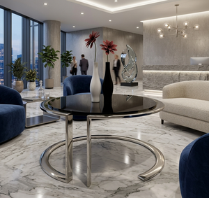 Modern Luxury <b>Round</b> <b>Black</b> Glass <b>Coffee</b> <b>Table</b> with Stainless Steel Frame Metal Ring Base for Living Room - Product Image 2