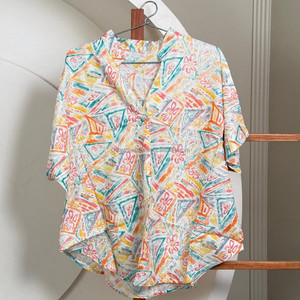 Nueva Camisa de algodón con estampado abstracto colorido para mujer, blusa holgada de manga corta con cuello, elegante, cómoda y de verano - Product Image 4