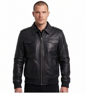 Wholesale <b>Men</b> Genuine Leather Flight <b>Jacket</b> Black Epaulet <b>Aviator</b> Bomber Custom Utility Cargo Pocket Standing Zippered XS - Product Image 1