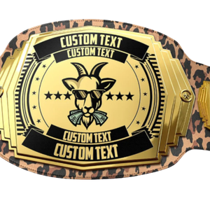 เข็มขัดแชมป์ลายแพะแบบกำหนดเอง พร้อมข้อความส่วนตัวและลายเสือดาว สีทองและสีดำ สำหรับงานอีเว้นท์และนักสะสม - Product Image 2