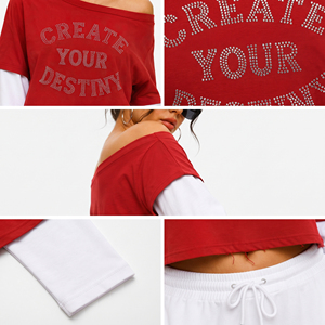 T-shirt court à épaules dénudées double couche avec imprimé strass et manches doubles, 100 % coton, coupe ample pour femme - Product Image 6