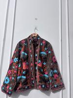 Blouson Bomber Matelassé Brodé en Velours à Motifs Floraux, Col Classique, Manches Longues, Fait Main, Style Bohème, Vêtement d'Automne en Coton pour Femme