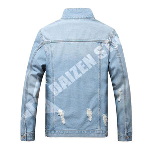 Men's <b>Light</b> Blue Denim Jacket Regular Fit Distressed Ripped Solid Button Closure Casual Style Winter 100% Cotton Windproof - Product Image 5