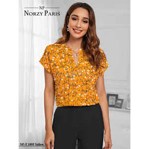 Blusa Plisada de Algodón con Estampado Floral para Mujer, Cuello en V, para Trabajo, Oficina, Fiesta, Gris, Talla L(42) - Product Image 4