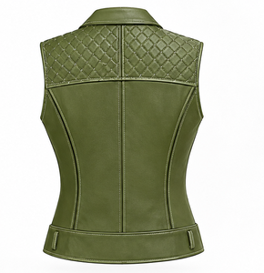 Women's Olive Green <b>Leather</b> Moto <b>Vest</b> With Zipper Closure - Product Image 6