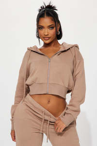 Women's Beige Cropped Hooded Zip-Up Sweatshirt <b>Set</b> With <b>Matching</b> <b>Joggers</b> Casual Fleece Two-Piece Outfit Full Sleeve Loose Fit - Product Image 4