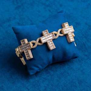 Gold Plated Cross <b>Bracelet</b> Baguette Cut Diamond Channel Setting Religious Christian Unisex Chain Link Jewelry - Product Image 1