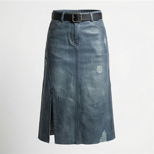 Falda lápiz vaquera para mujer, hasta la rodilla, rasgada, lavada a la piedra, estilo casual, cintura regular - Product Image 1