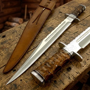 OEM Handmade D2 Steel Bowie Hunting Knife <b>Mirror</b> Polished <b>Clip</b> Point Blade Burl Wood Handle Steel Guard Leather Sheath 3-Year - Product Image 1