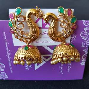Antique Style Jumki Earrings-Gold Plated Brass Zircon Pearl Diamond-Vintage Ethnic Bohemian Religious Design for Party Wedding - Product Image 1