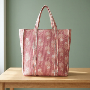 Bolso tote de algodón acolchado con estampado artesanal indio, color polvo, con cierre abierto, para mujer, para compras y viajes - Product Image 4