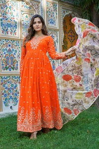 NUEVO SALWAR KAMEEZ CON DUPATTA LARGA HASTA EL SUELO, ESTAMPADO EN RELIEF, COLOR NARANJA, MANGAS COMPLETAS, ESTILO MODERNO PARA FIESTAS EN TODAS LAS ESTACIONES - Product Image 2