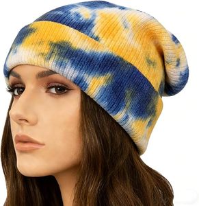 Gorro de Punto Unisex con Estampado Tie Dye, 100% Acrílico, Gorro de Invierno de Estilo Casual, Patrón Azul y Amarillo, Talla Adulto 56-58CM - Product Image 3