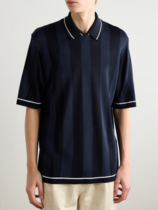 Chemise décontractée personnalisable pour homme, bleu marine, à rayures verticales, en maille, avec col contrastant, manches courtes, douce et respirante - Product Image 1
