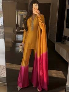 Ensemble Salwar Kameez en Soie Jaune Ombré Rose pour Femme, Tenue Traditionnelle Indienne et Pakistanaise, Idéal pour Mariages et Fêtes, Longueur Ras du Sol, Coupe Classique - Product Image 4