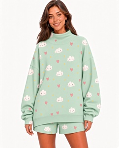 Ensemble court décontracté pour femme, sweat-shirt à col montant imprimé motif nuage et cœur de dessin animé lavande, manches longues et épaules tombantes, vente en gros - Product Image 4