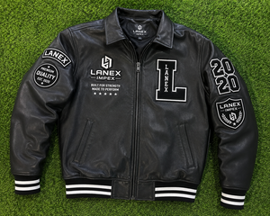 Custom Black Leather Varsity <b>Jacket</b> for <b>Men</b> with Embroidered Chenille Patches, Rib Knit Cuffs, Bomber Letterman <b>Jacket</b> OEM & ODM - Product Image 6