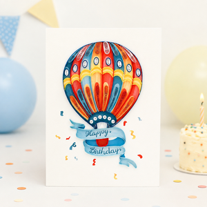 Carte de vœux artisanale élégante et personnalisée en quilling, motif montgolfière colorée, pour anniversaire, vente en gros, fabricant OEM/ODM, carte de luxe - Product Image 1