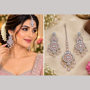 Pendientes de Cristal con Baño de Oro JeweleMarket, Adornados con Pedrería, Maang Tikka, para Bodas, Fiestas, Compromisos, Aniversarios, Estilo Étnico - Product Image 3