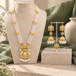 <b>Gold</b> Plated Pink Rani Haar Necklace <b>Set</b> with Jhumka Earrings and Maang Tikka Pakistani Bridal Jewelry Wholesale Manufacturer - Product Image 1