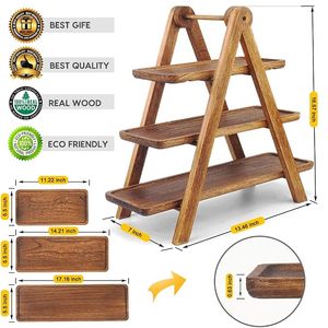 Wood 3-Tier Rustic Farmhouse Handcrafted Multi-functional Serving Tray Cupcake Stand Rectangular Display Rack for Party Kitchen - Product Image 3