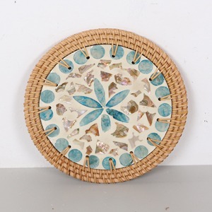 Floral mother of pearl placemats rattan & shell inlaid placemat premium woven <b>table</b> trivet - Product Image 1
