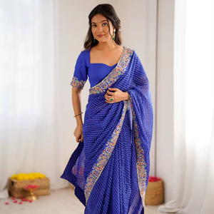 Sari élégant en faux georgette avec imprimé Badhani et travail de sequins, tenue ethnique stylée avec chemisier de créateur - Product Image 1