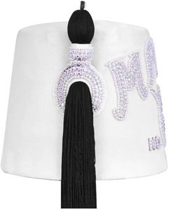 Gorro Fez Masónico DOI PHA - Fieltro/Velvet Blanco Puro con Pedrería (2 Filas como se Muestra) Emblema Personalizable con Nombre de Logia Borla de 15 Pulgadas - Product Image 2