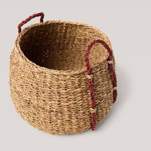 Handwoven Seagrass Storage <b>Basket</b> With Red Handles Multi-Purpose Organizer For Home, Laundry, Toys & Decor, Durable Design - Product Image 4