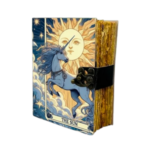 Diario de unicornio de cuero genuino de 400 páginas, hecho a mano, con papel de borde deshilachado, diseño religioso, wiccano, pagano, sol, magia y flores. - Product Image 1