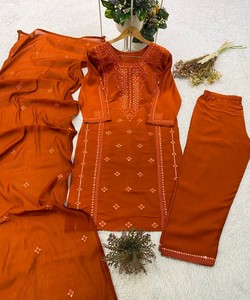 <b>Women</b> Orange Silk Vintage Quick Dry <b>Kurta</b> Set Traditional Casual Wear India Pakistan Style Floor-Length Regular Fit 86406 - Product Image 3
