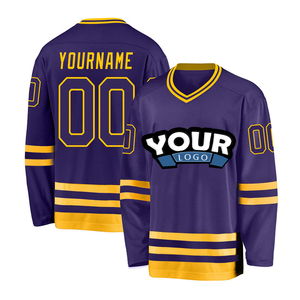 Camiseta de Hockey sobre Hielo Personalizada, Negra, Morada y Blanca a Rayas, Cuello en V, Manga Larga, Impresión Sublimada, Absorbe la Humedad, Ropa Deportiva para Hombre Adulto - Product Image 4
