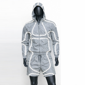 Custom Logo Reflective Patchwork <b>Zip</b>-<b>Up</b> <b>Jacket</b> 100% Cotton Breathable High Street Summer Windbreaker Unisex Men Sports Shorts - Product Image 1