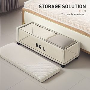 Pouf in velluto a coste beige da 44 pollici con coperchio contenitore e gambe - Panca per fondo letto per casa, ufficio, appartamento, soggiorno, camera da letto, ingresso - Product Image 6