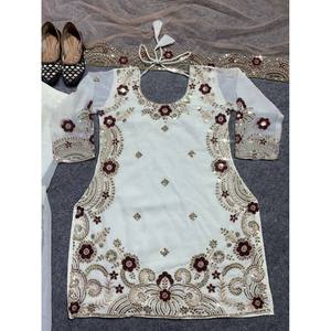 Polyester <b>Sharara</b> Top and Dupatta for Parties Embroidered Salwar Kameez Wear - Product Image 5