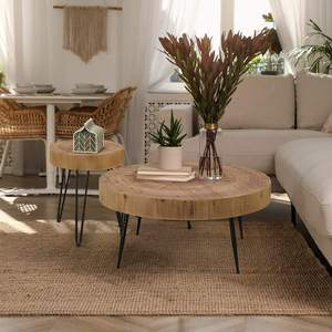 Round Farmhouse Coffee <b>Table</b> with Rustic Wooden <b>Top</b> Sturdy Metal Legs Modern Circle End <b>Table</b> for Living Room - Product Image 2