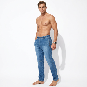 Wholesalers Online Men's Mid-Rise Straight Fit Slim Breathable <b>Jeans</b> Regular Wash Solid Blue Cotton Casual Pants <b>Button</b> <b>Fly</b> - Product Image 1