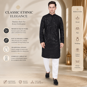 Premium <b>Men's</b> Sequined Embroidered <b>Kurta</b> Pajama Set | 100% Rayon Mandarin Collar Long Sleeve Indian Ethnic Traditional Festive - Product Image 5