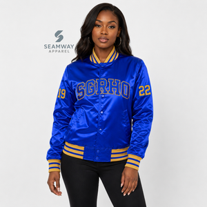 Chaqueta Universitaria Azul Satinado para Mujer Sigma Gamma Rho con Botones a Presión, Letras Griegas Bordadas, Cuello y Puños de Punto a Rayas, Ropa Universitaria - Product Image 5