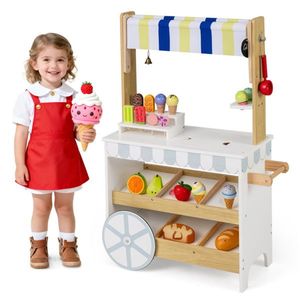 Set Gioco 2-in-1 in Legno per Cucina e Negozio: Carrello della Spesa e Carretto dei Gelati con Accessori - Product Image 1