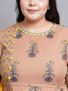 Multi Floral <b>Printed</b> Cotton A LINE Kurti With Boat Neck And Three Quarter Sleeves For Plus Size Women's Fashion - Product Image 3