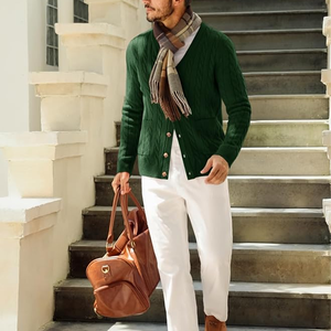 Cardigan en laine verte pour homme, col en V, manches longues, tricot épais, fermeture boutonnée, vêtement d'automne - Product Image 4