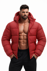 Blouson matelassé rouge à capuche pour homme, chaud et épais, coupe-vent décontracté pour l'extérieur, style streetwear, vente en gros OEM - Product Image 4