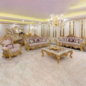 Juego de Sofás Seccionales en Forma de L de Diseño Europeo con Detalles Tallados, Cubierta de Madera Sólida, Ecológico y Duradero para Sala de Estar - Product Image 1