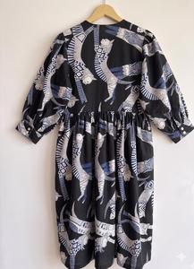 Vestido Midi Informal para Mujer, 100% Algodón, Estampado Geométrico, Manga Abullonada, Cuello Redondo, Corte Holgado, Cintura Elástica, para Todas las Temporadas - Product Image 1