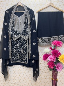 Indian Boutique Designer Black Embroidered Georgette <b>Top</b> With Palazzo And Dupatta Set For Women Traditional Indian Wedding Wear - Product Image 5