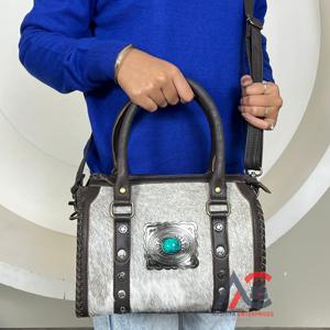 Bolso de Mano de Cuero Genuino de Vaca con Pelo, Estilo Western, Mediano, Tipo Speedy, para Mujer, Bolso de Viaje - Product Image 1